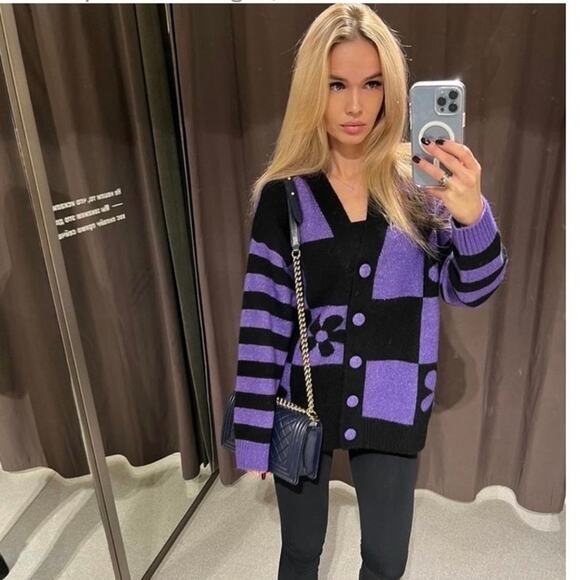 Zara Purple Black Checkered Flower Jacquard Knit Oversized Cardigan Sweater S - Picture 2 of 9